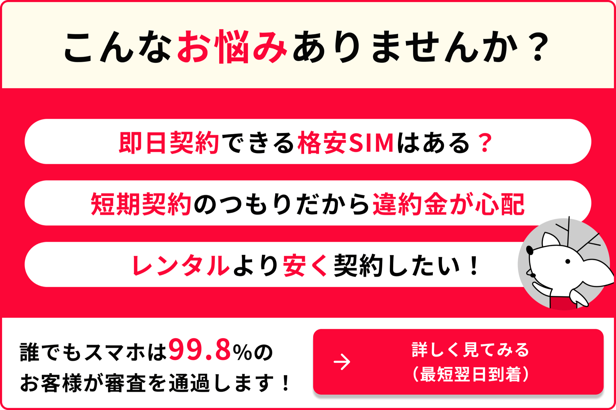 こんなお悩みありませんか？ 即日契約できる格安SIMはある？ 短期契約のつもりだから違約金が心配 レンタルより安く契約したい 誰でもスマホは99.8％のお客様が審査を通過します 詳しく見てみる 最短翌日到着