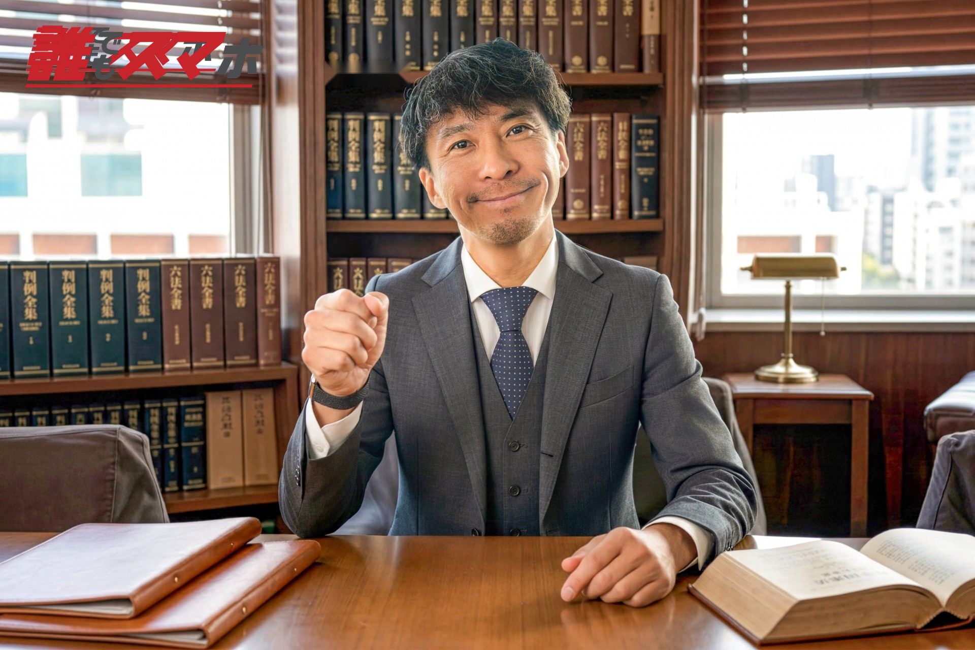 事務所で本に囲まれた小ガッツポーズの男性